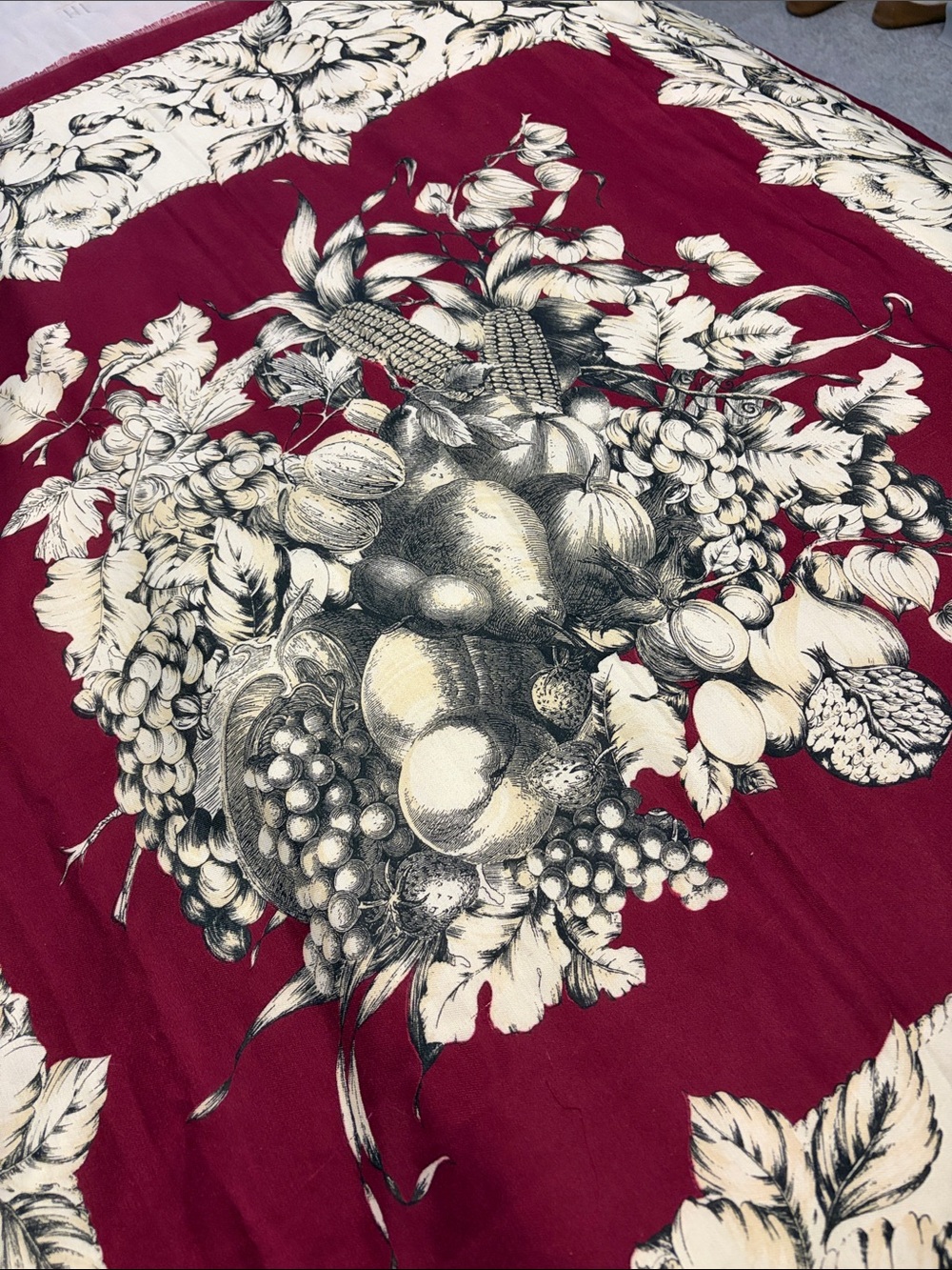 47” square Baar & Beards poly harvest print scarf wrap made in Italy decor wine